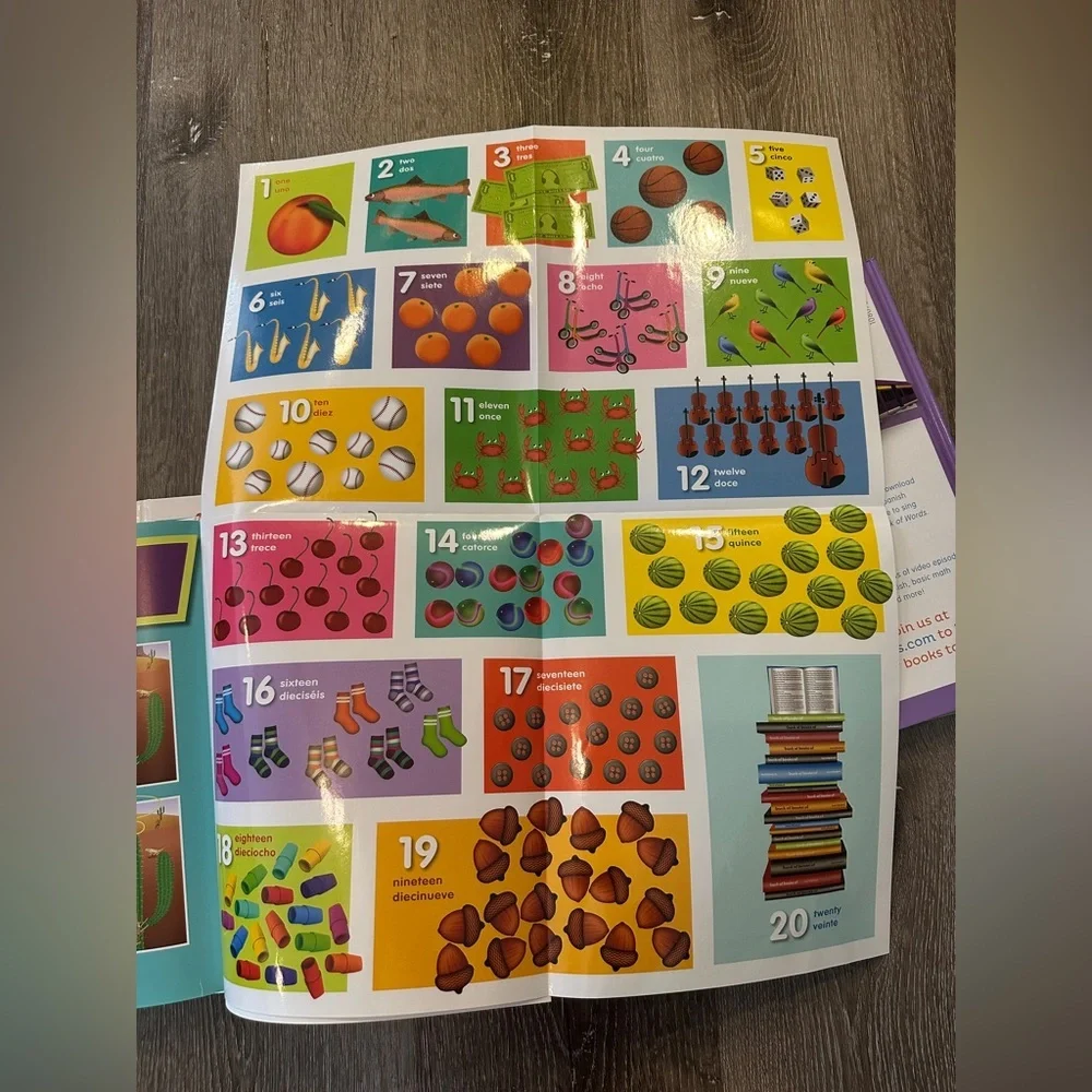 Children bilingual Spanish English learning books shapes, colors, words, numbers
